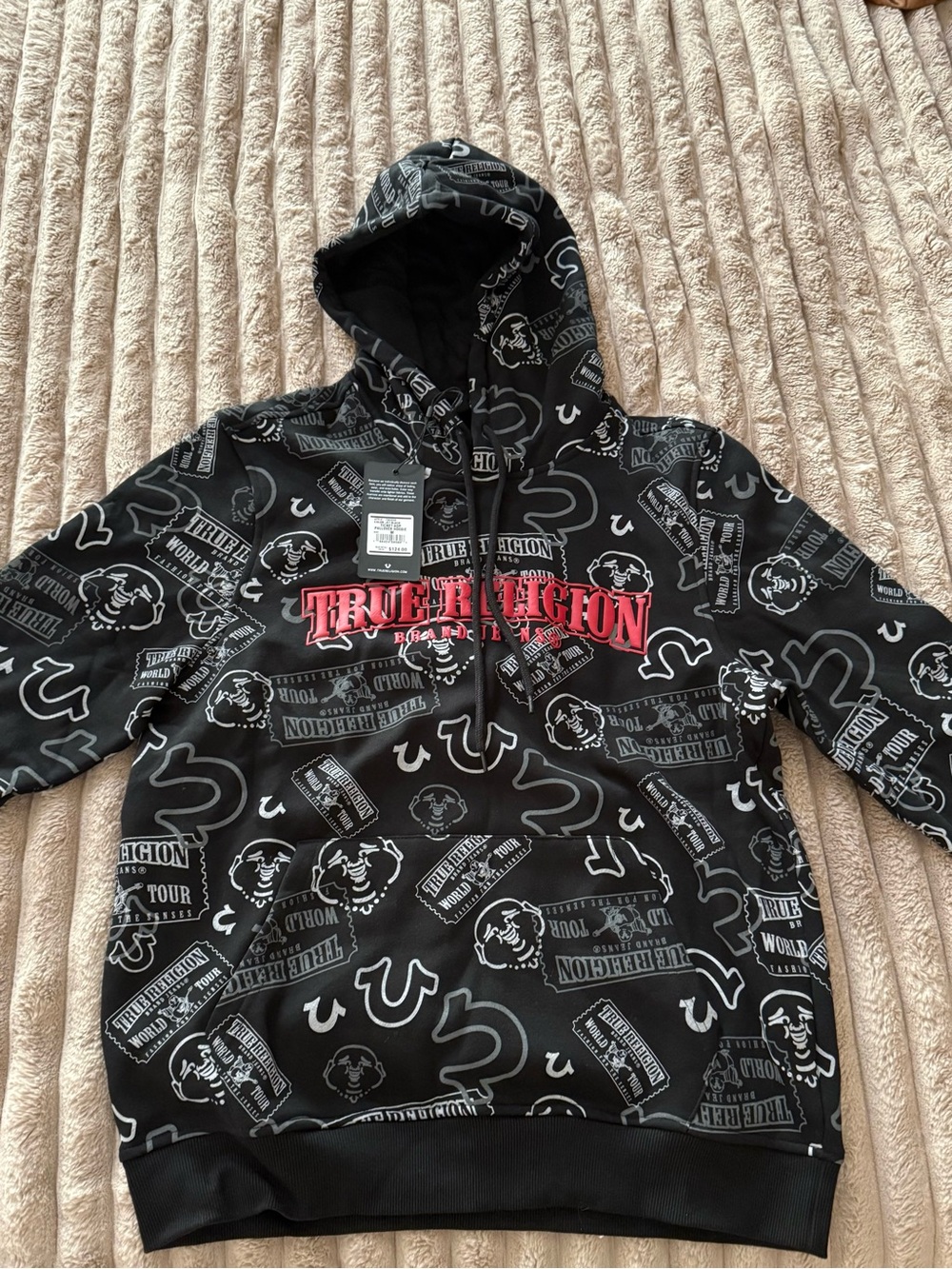 True Religion Black Hoodie with Red Chest Logo and Gray Allover Graphics